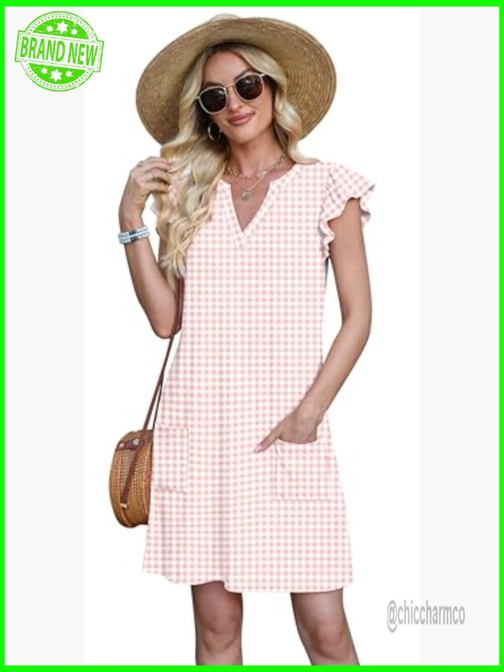 Women's Casual Ruffle Sleeve V-Neck Swing Sundress with Pockets - Picture 3 of 7
